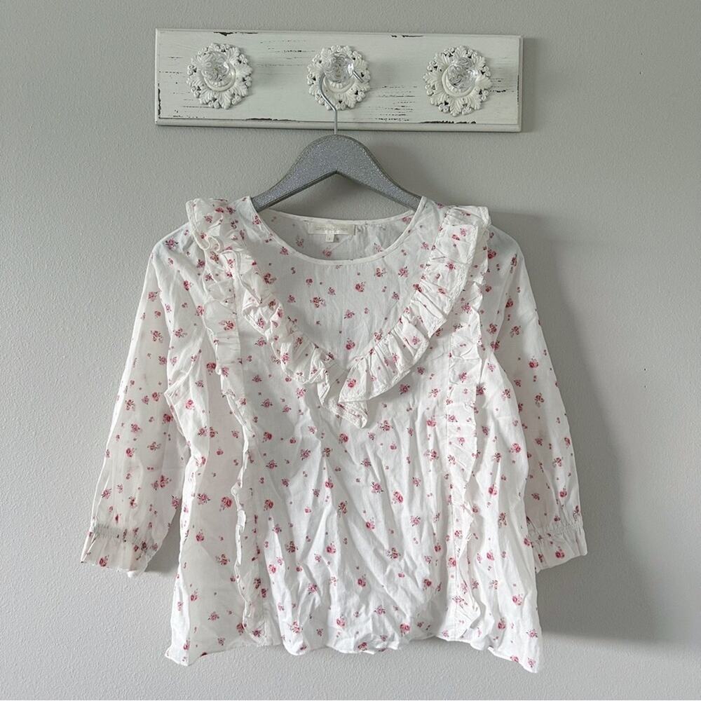 LoveShackFancy Cream & Pink Floral Print Ruffle Blouse